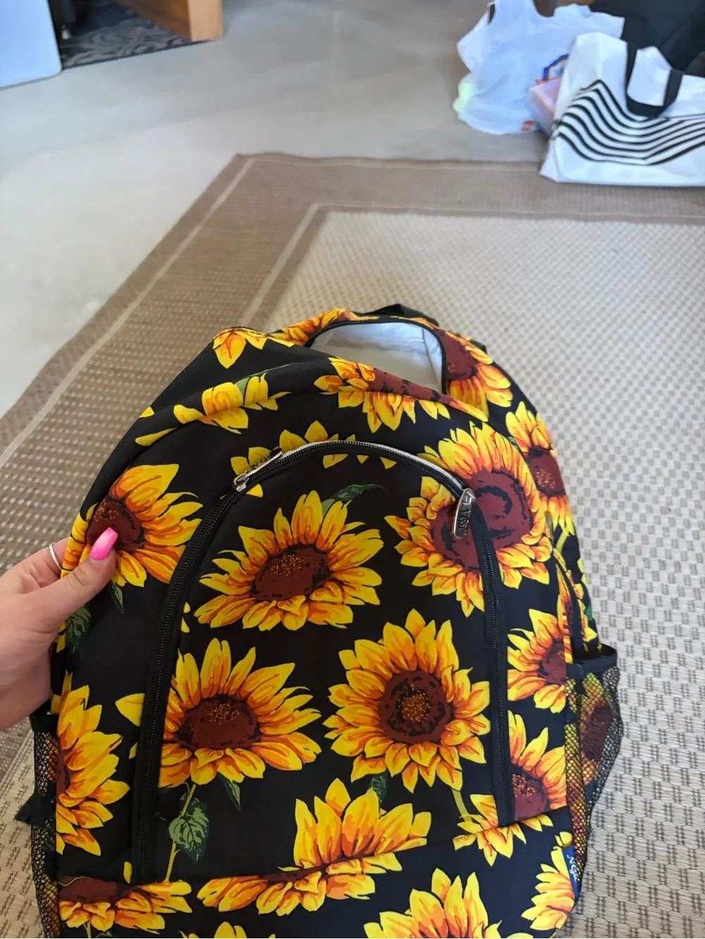 Sunflower Print Kids Backpack - Black & Yellow